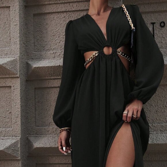 Black Preppy Womens Cut Out Waist Plunging Neck Lantern Sleeve Split Thi… - Picture 4 of 5